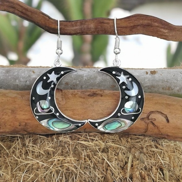 Retro Universe Starry Sky Crescent Hook Earrings Zinc Alloy Silver Plated Trendy - Picture 4 of 9